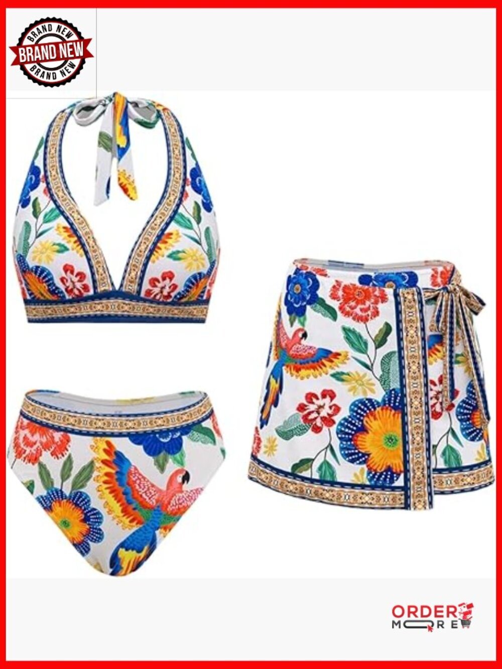 Floral Tropical Print Boho Bikini Set 3 Piece Halter Triangle Swimsuit with